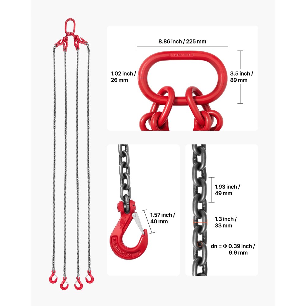 VEVOR kettingslinger, 10 mm x 3 m hijsketting met 4 haken, 4-strengs ketting van G80 staallegering, bosbouwketting 10,4 T capaciteit, verstelbare motorkettingtakel voor het slepen van lasten