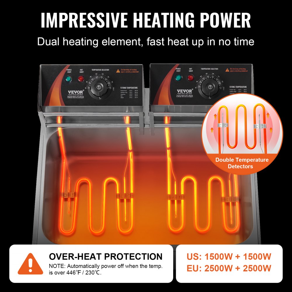 VEVOR Commerciële Frituurpan, 3000W Elektrische Kalkoenfrituurpan met 3 Uitneembare Mandjes, 12L RVS Frituurpan met Grote Capaciteit, voor Keuken Restaurant Café Bar Zilver Verstelbaar 60-200°C