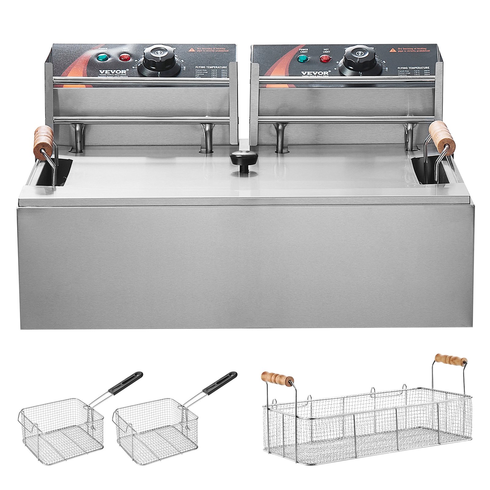 VEVOR Commerciële Frituurpan, 3000W Elektrische Kalkoenfrituurpan met 3 Uitneembare Mandjes, 12L RVS Frituurpan met Grote Capaciteit, voor Keuken Restaurant Café Bar Zilver Verstelbaar 60-200°C