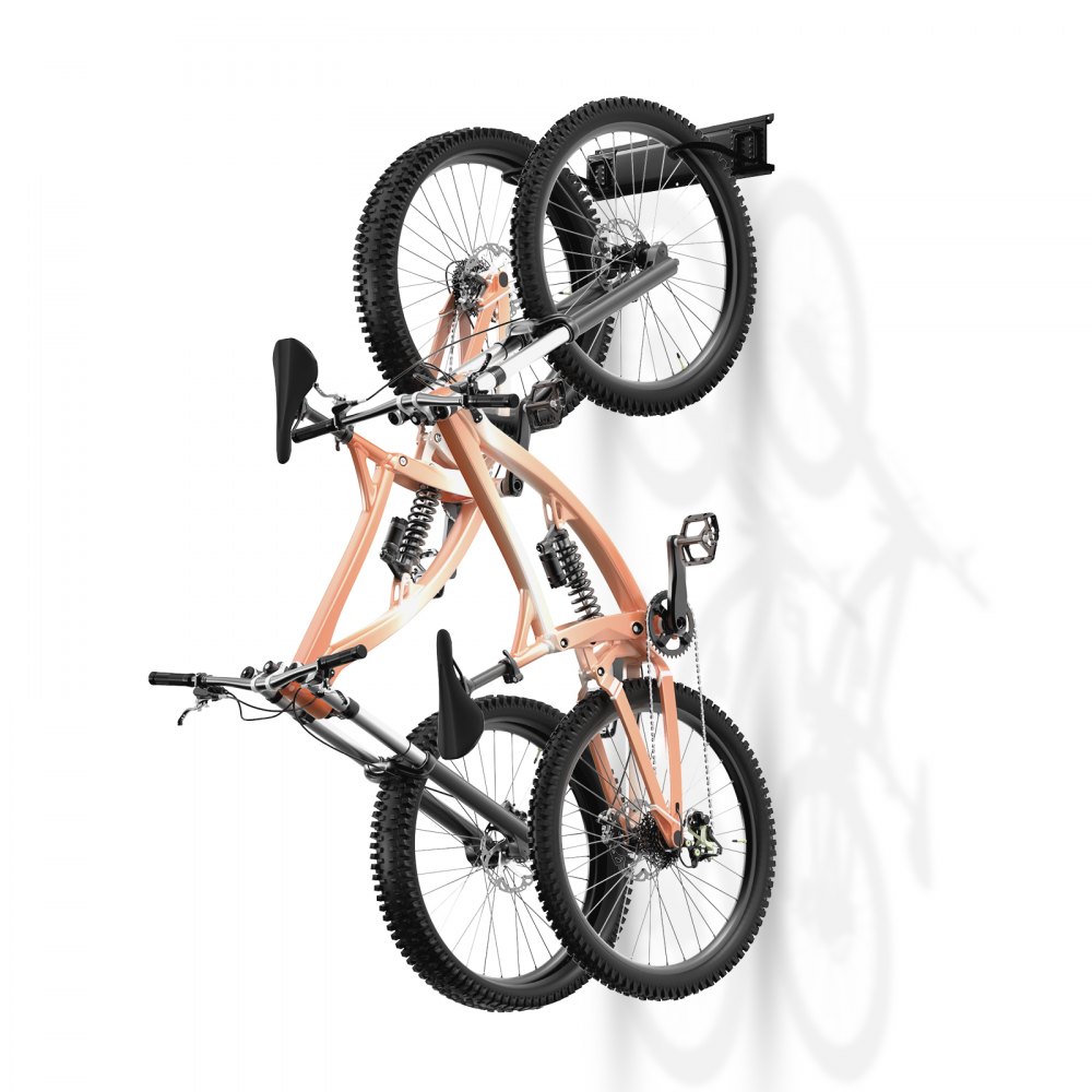 wall-mounted VEVOR bike storage rack holding two mountain bikes vertically.