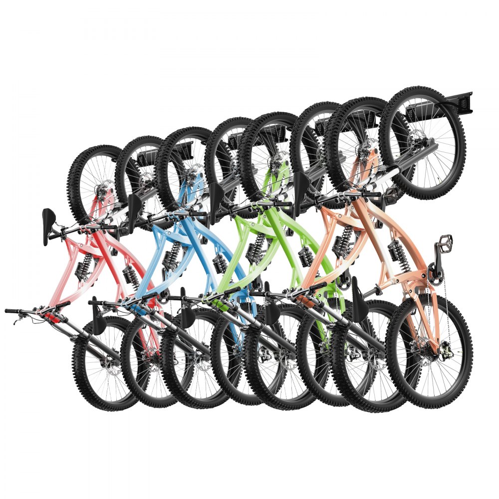 multiple colorful bicycles hanging on a VEVOR bike storage rack in an organized manner.