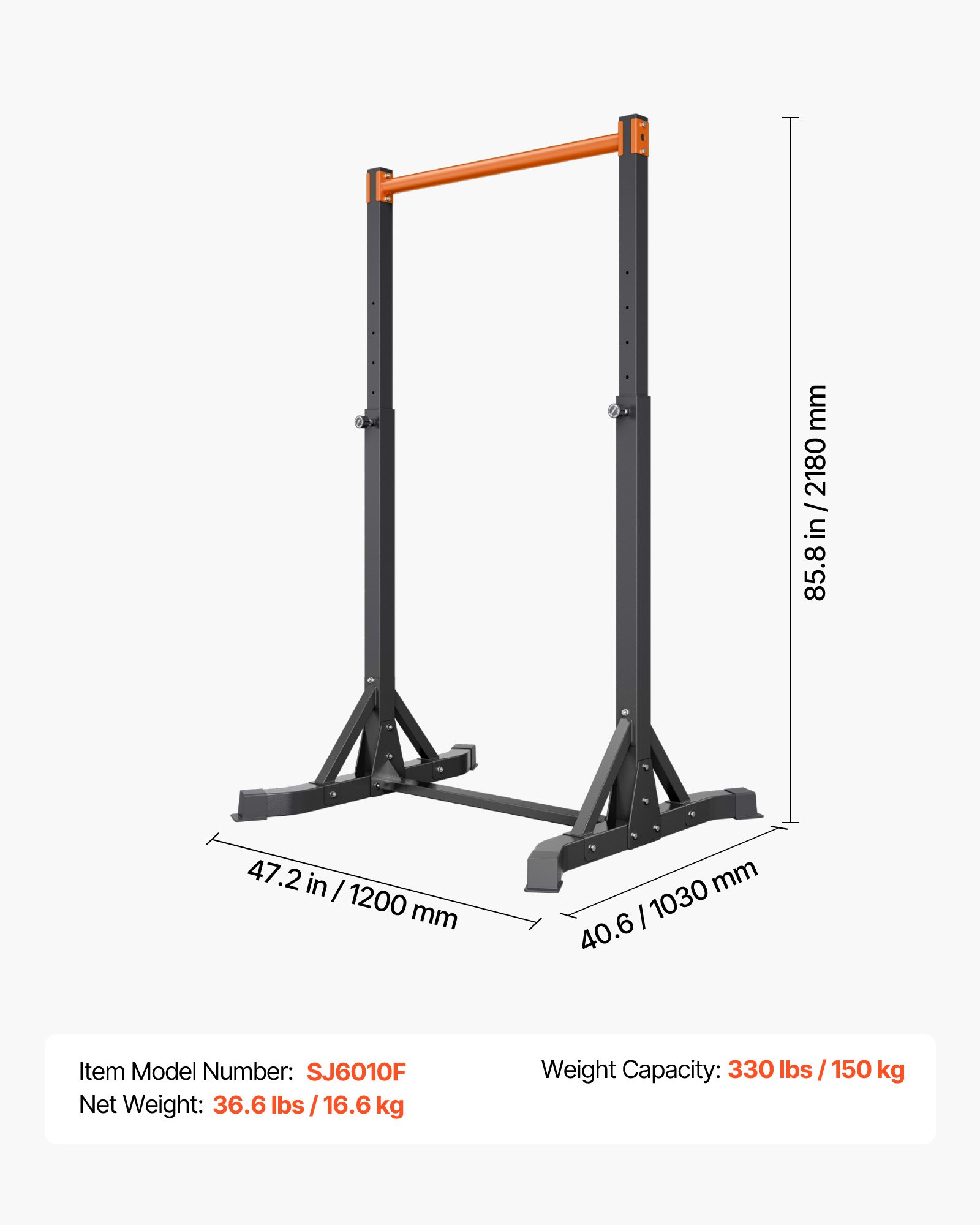 VEVOR Draagbare Pull-Up Bar Power Dip Station met een draagvermogen van 150 kg, vrijstaand met H-frame constructie en stalen buizen, 8-voudig in hoogte verstelbaar, training van armen, rug en borst
