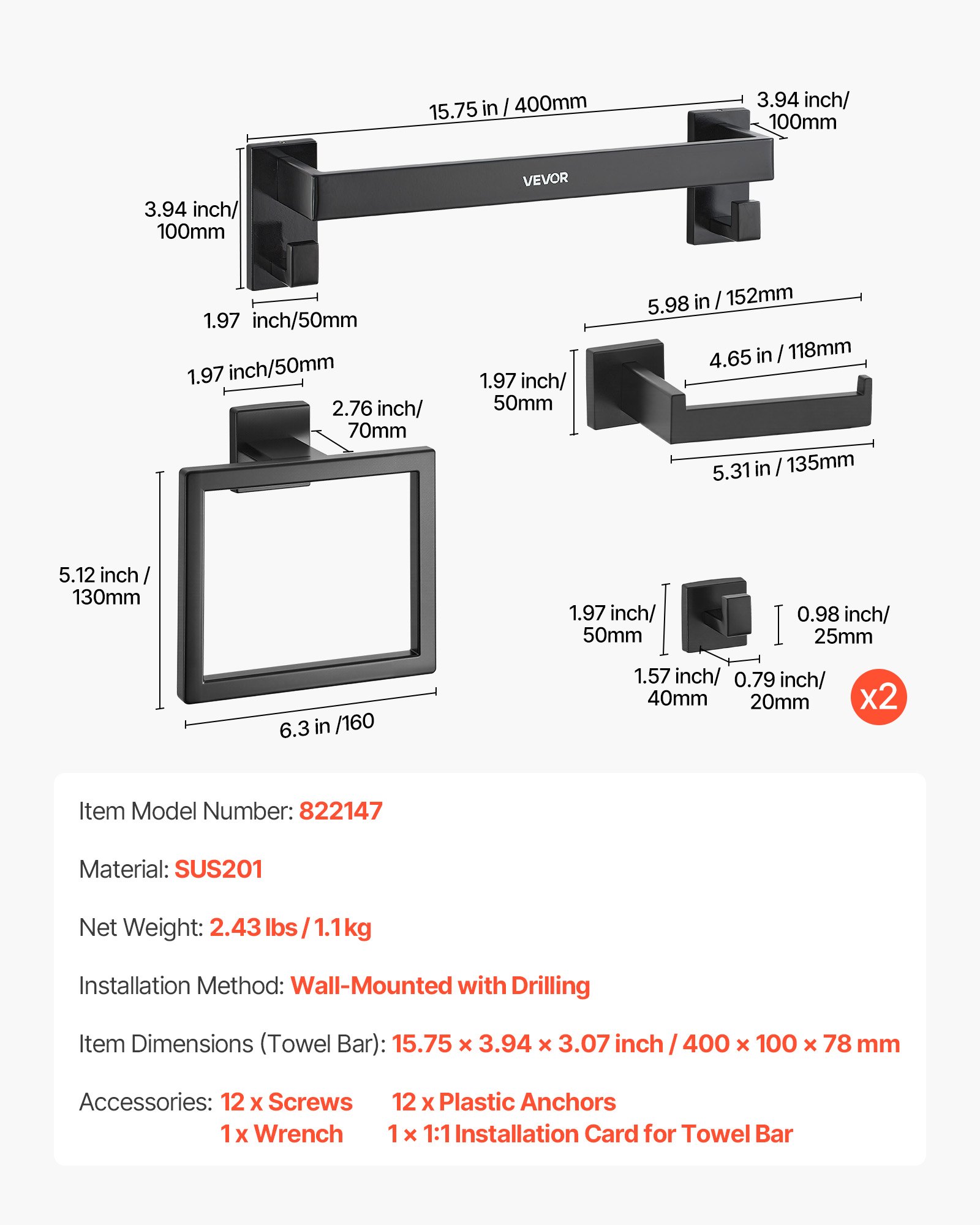 VEVOR badkameraccessoireset (5-delig) inclusief handdoekhouder (406,4 mm) & handdoekhouder (vierkante ring) & 2 haken & toiletrolhouder, voor badkamer, wandmontage matzwart