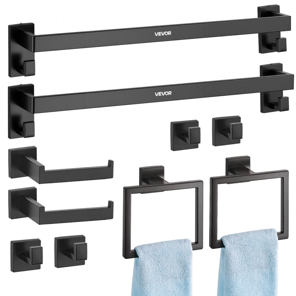VEVOR Matte Black Bathroom Hardware Set, 10-Piece Bathroom Accessories Set, 2 Stainless Steel 24-in Towel Bars, 2 Towel Racks, 4 Robe Towel Hooks, 2 Toilet Paper Holders for Bath Room, Wall Mounted
