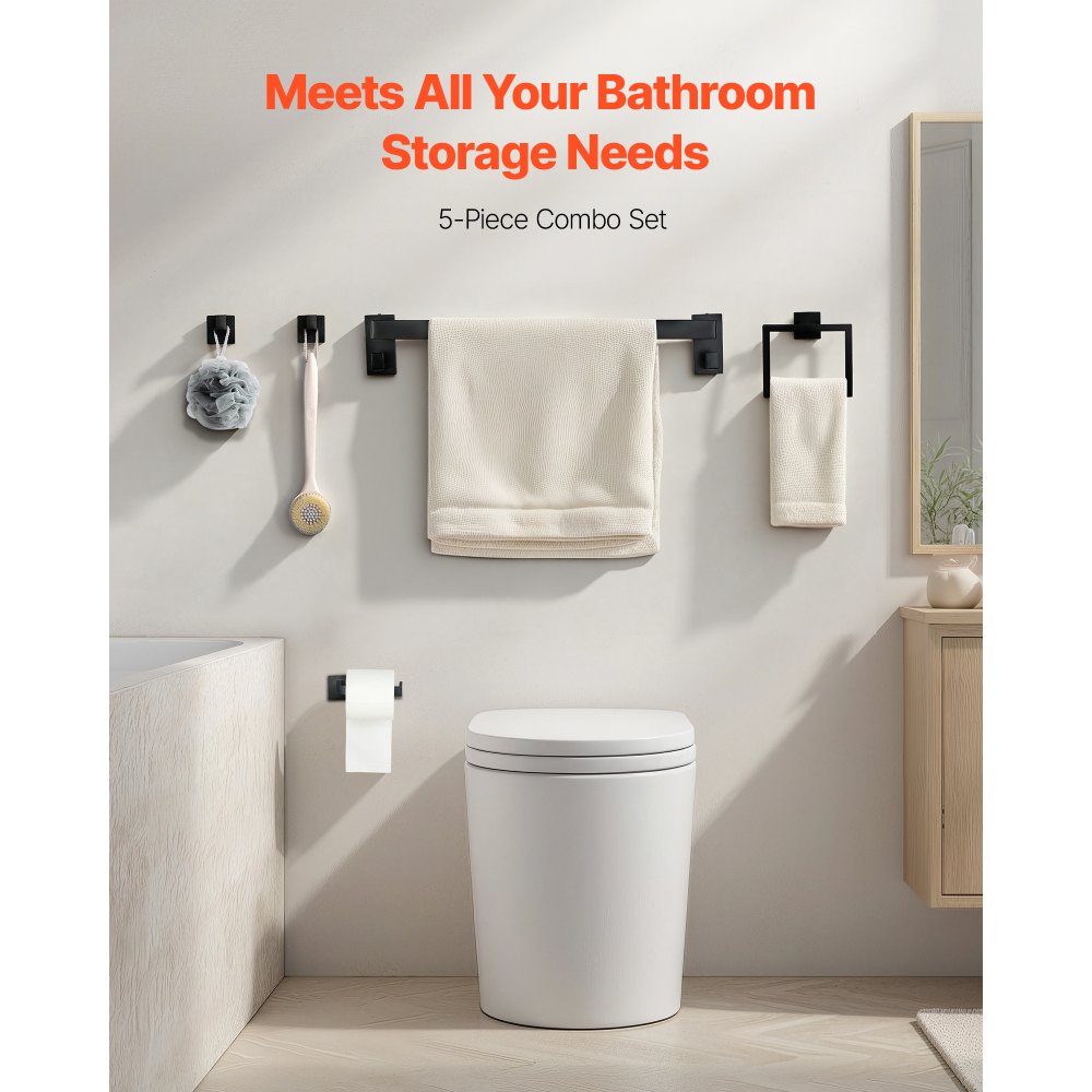 VEVOR Matte Black Bathroom Hardware Set, 5 Pieces Stainless Steel Bathroom Accessories Set, 24-inch Towel Bar, Towel Rack, 2 Robe Towel Hooks, Toilet Paper Holder, for Bath Room, Wall Mounted