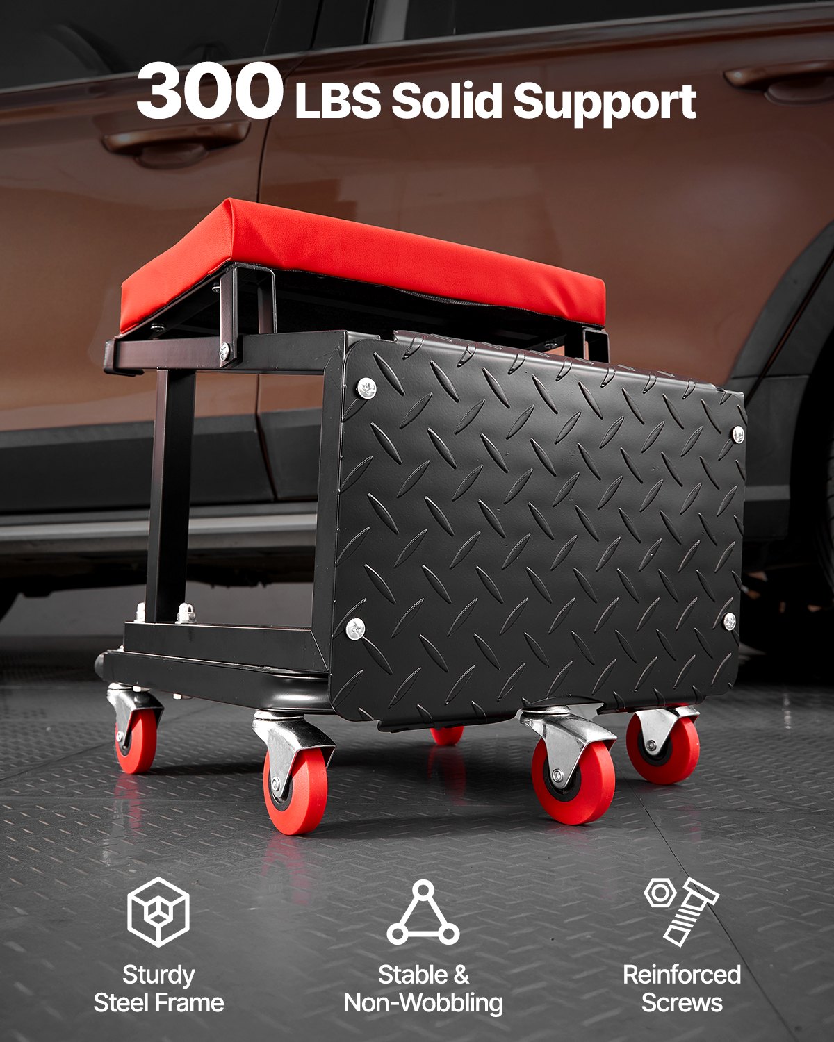 VEVOR Mechanic Stool, 300 lbs Capacity Garage Seat/Work Stool with Wheels, 360° Swivel Rolling Workshop Stool with Tool Tray, Mechanics Creeper Seat/Step Stool, for Garage, Shop & Auto Repair, Black