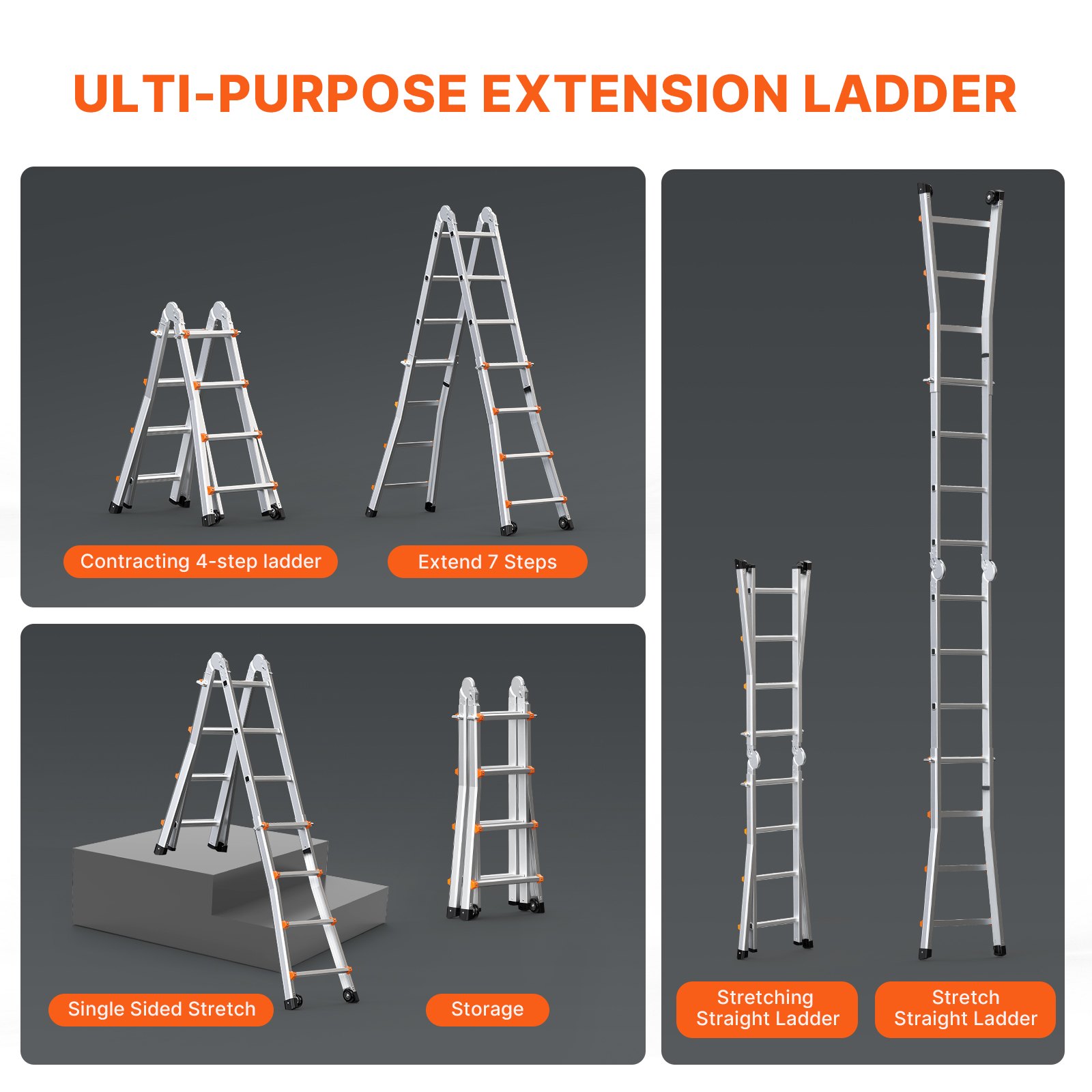 VEVOR Telescopische Ladder met A-frame, 4 m aluminium uitschuifladder, Multifunctionele opvouwbare camperladder, Telescopische ladder voor huiswerk, trappen, binnen- en buitendaken, Draagvermogen 150 kg