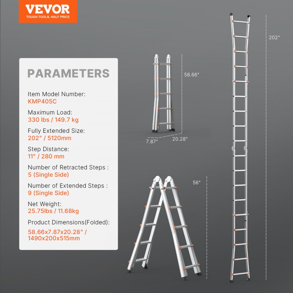 VEVOR 5120 mm A-frame telescopische ladder, compacte aluminium verlengladder, multifunctionele opvouwbare camperladder, voor huiswerk, trappen, binnen- en buitendaken, draagvermogen 150 kg