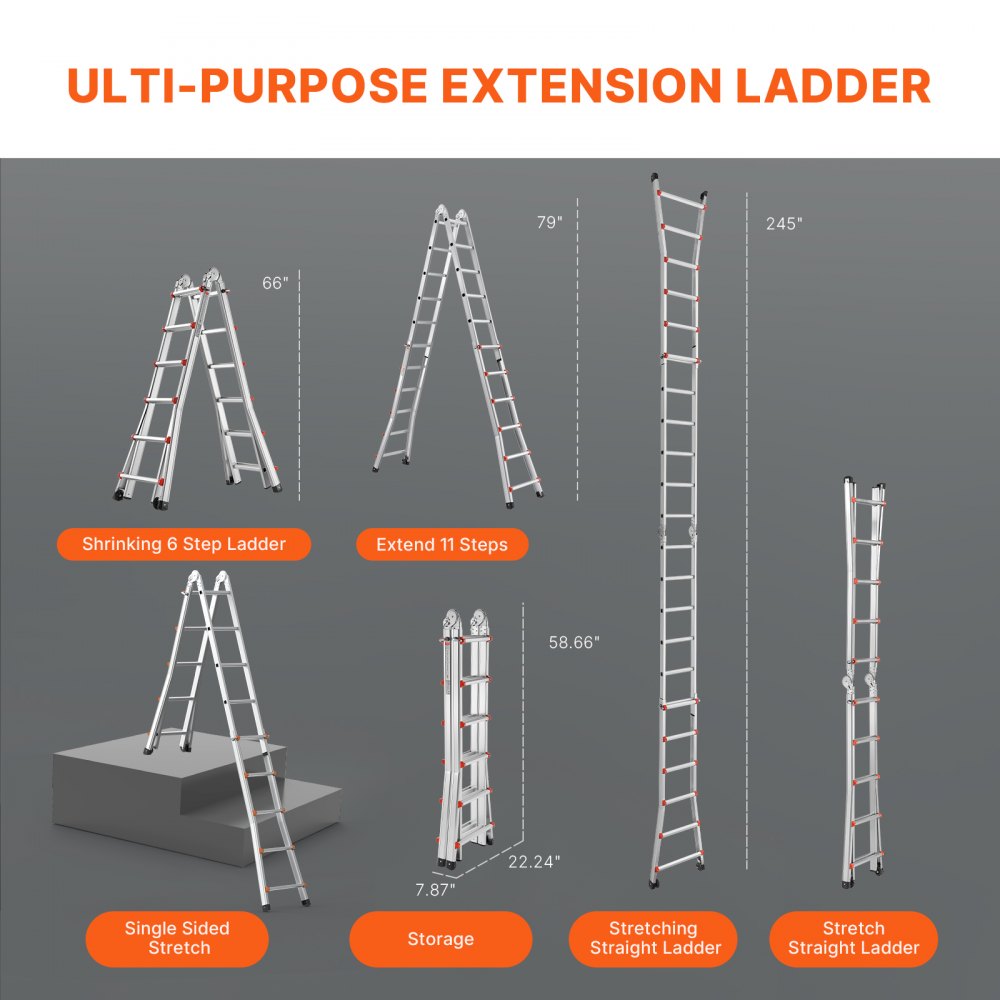 VEVOR Telescoping Ladder A Frame, 20.5 FT Compact Aluminum Extension Ladder, Multi-Function Portable Collapsible RV Ladder, Telescopic Ladder for Homework Stairs Indoor Outdoor Roof, 330lb Load