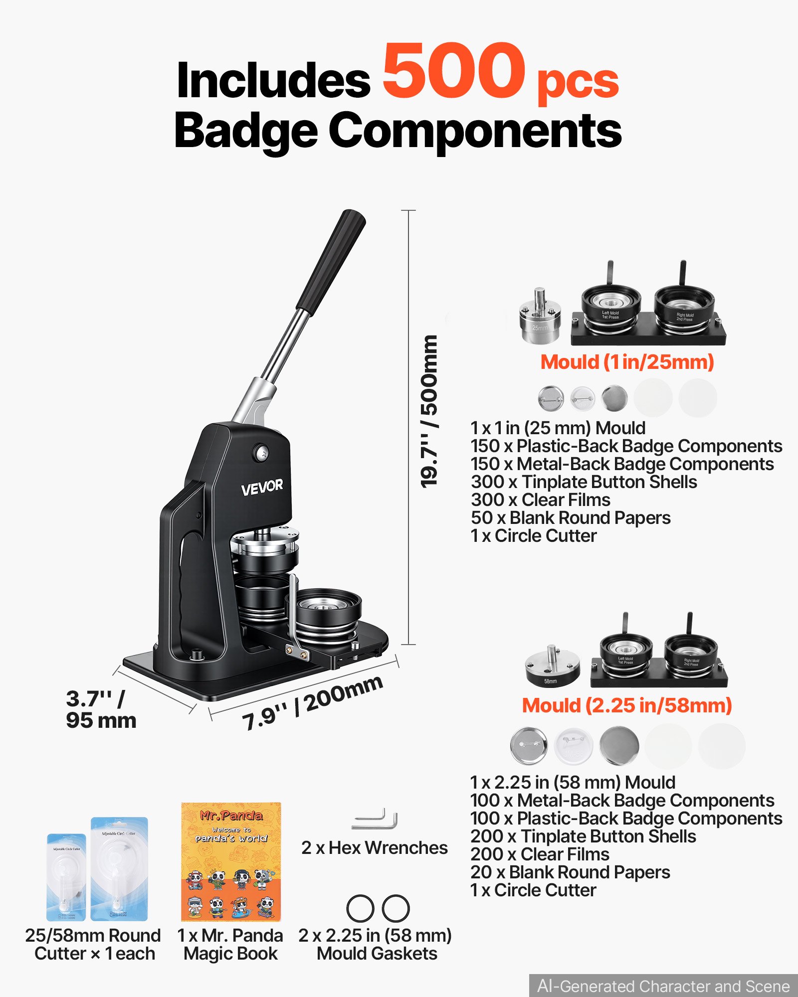 VEVOR Badge Maker Machine 200 stuks 58 mm & 300 stuks 25 mm, Badge Punch Press inclusief Mr. Panda Magic Book & Inbussleutel, Badge Press Badge Aluminiumlegering Button Maker