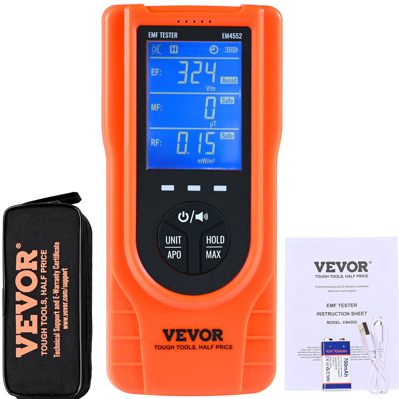 VEVOR 3-in-1 EMF-meter, 5 Hz - 3,5 GHz, draagbare oplaadbare elektromagnetische veldstralingsdetector, digitale LCD EMF-tester voor EF MF RF-huisinspectie
