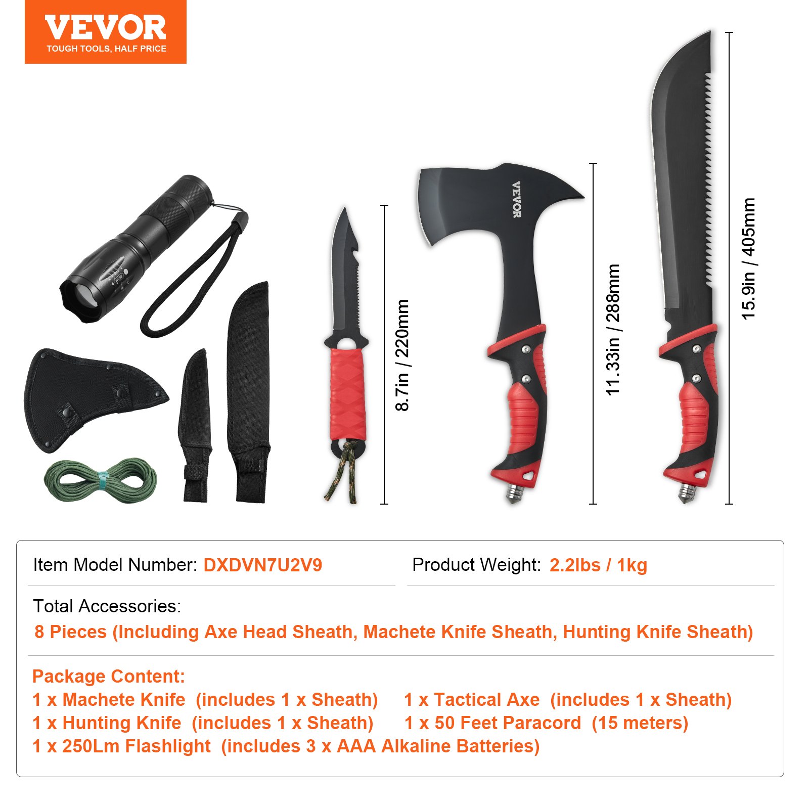 VEVOR Campingbijl en Machete Messenset met Schede, Jachtmes, Zaklamp, Paracord, 16-inch Machete, Roestvrijstalen Campingbijl Gereedschapsset voor Outdoor Survival, Jacht, Kampeeravontuur