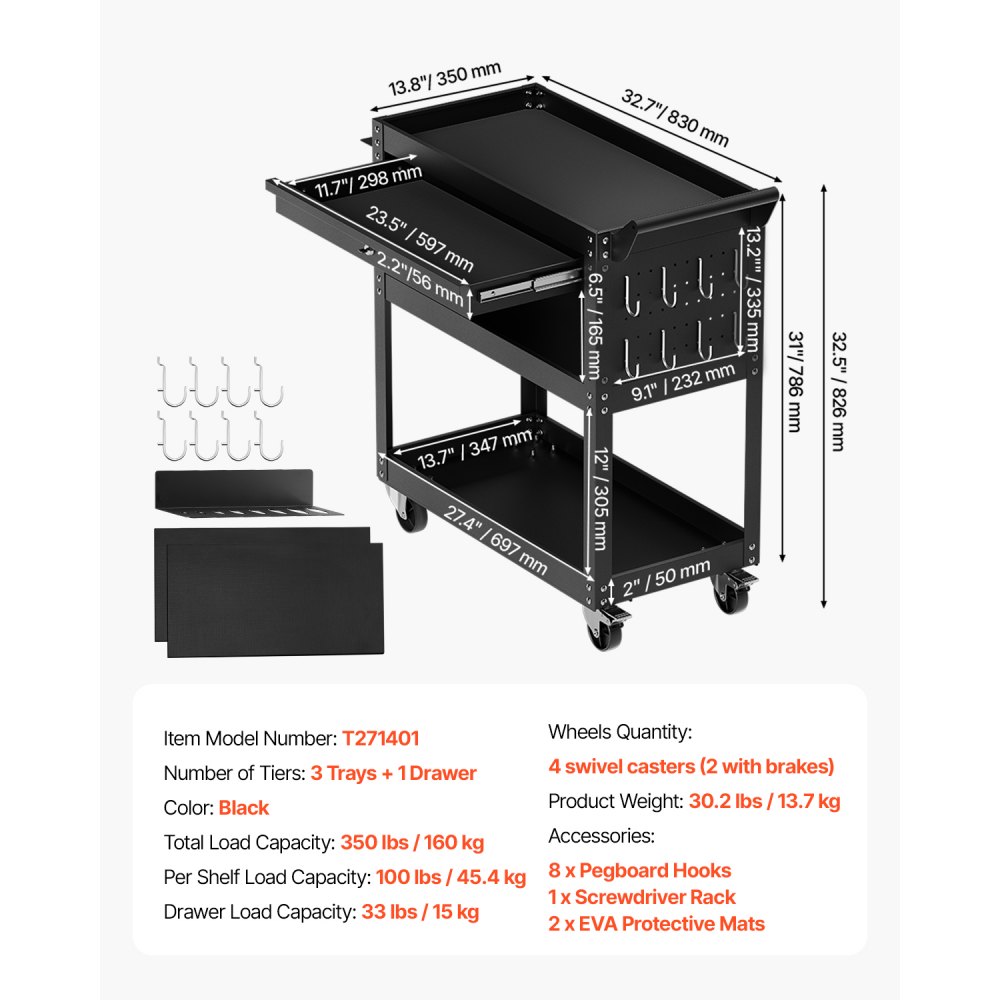 VEVOR Gereedschapswagen 830 x 350 x 826 mm, draagvermogen 160 kg, werkplaatswagen met lade, opbergorganizer voor mechanisch gereedschap, voor garage, magazijn en reparatiewerkplaats, zwart
