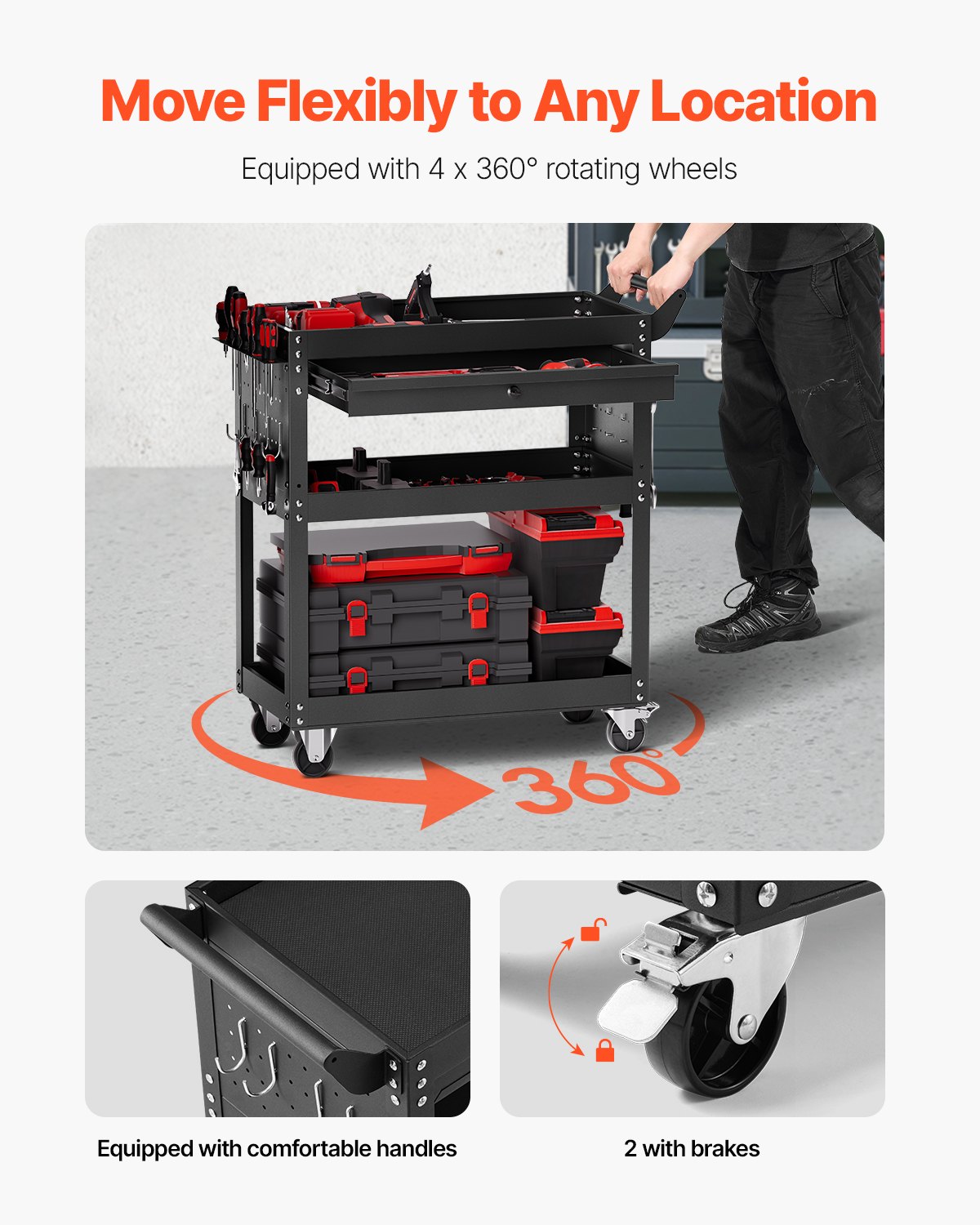 VEVOR 4-Tier Tool Cart with Wheels, 350 lbs Load Capacity, Rolling Work Cart with Drawer & Pegboard, Mechanic Tool Storage Organizer with Locking System for Garage, Warehouse and Repair Shop, Black