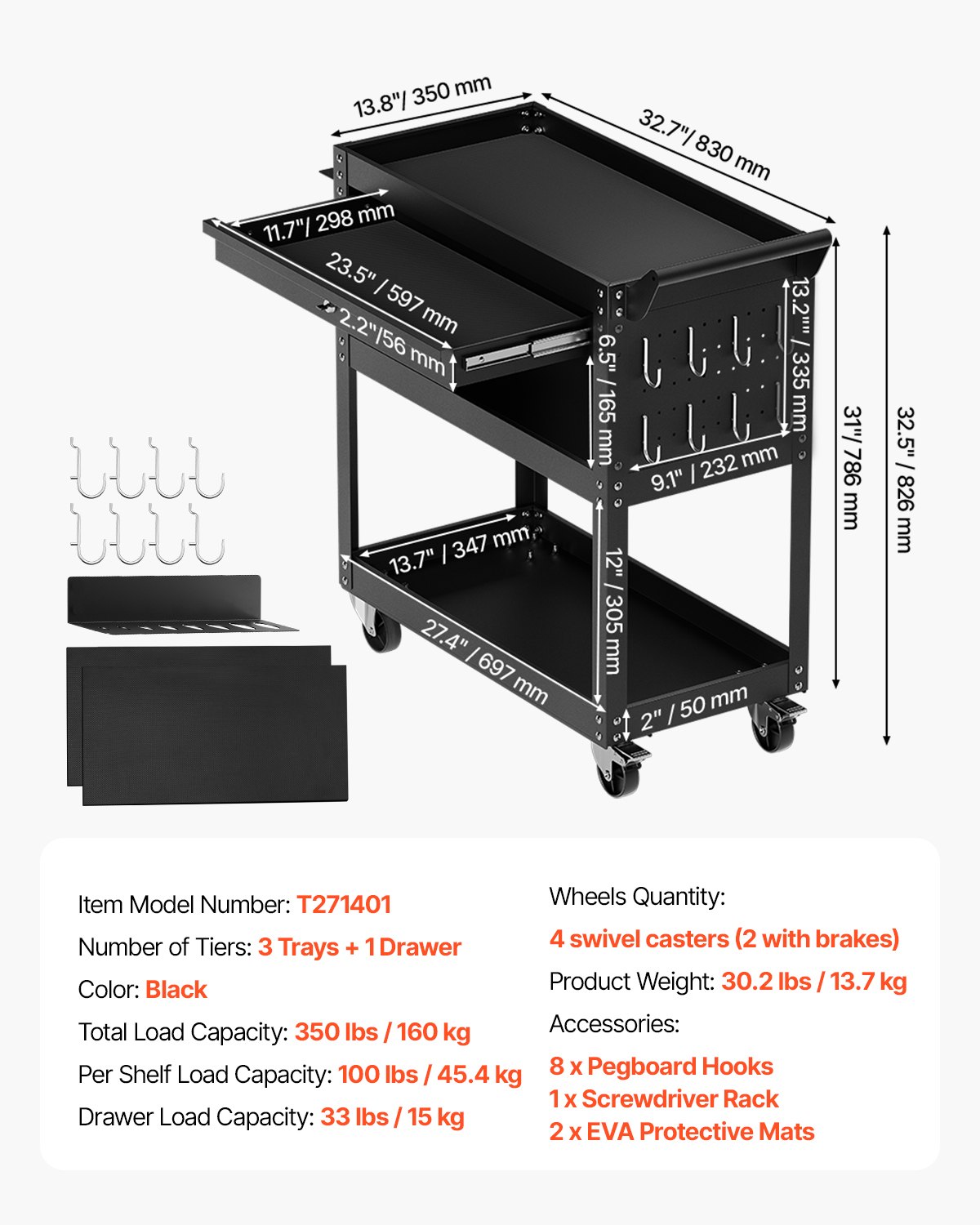 VEVOR 4-Tier Tool Cart with Wheels, 350 lbs Load Capacity, Rolling Work Cart with Drawer & Pegboard, Mechanic Tool Storage Organizer with Locking System for Garage, Warehouse and Repair Shop, Black