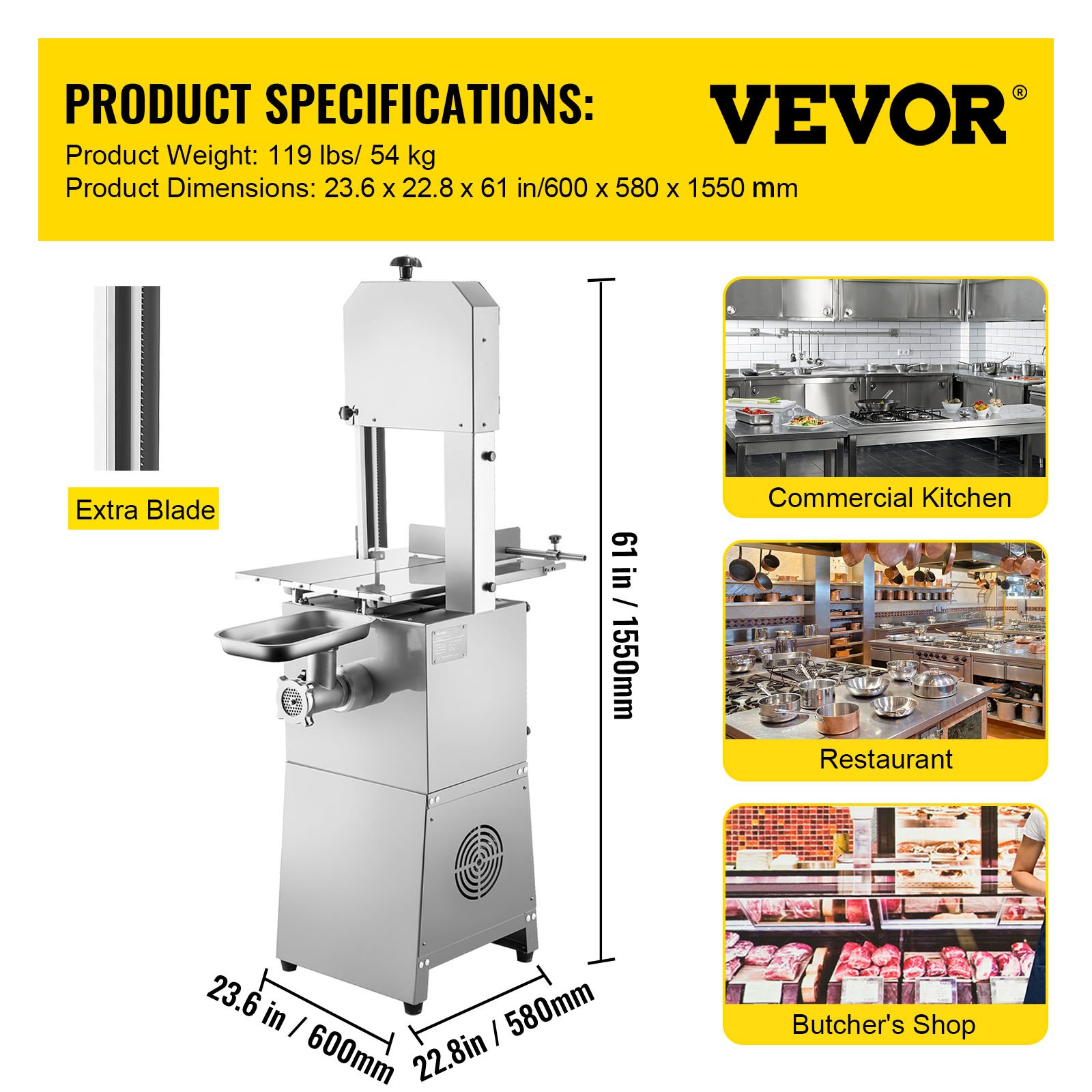 VEVOR Bevroren Vlees Snijder 1100W Bone Vlees Snijmachine 600x580x1550 mm Tafelblad Vlees Bone Band Zaag van Aluminium en Roestvrij Staal met 318 tpm Hoge Bladrotatiesnelheid en Instelbare Snijdikte