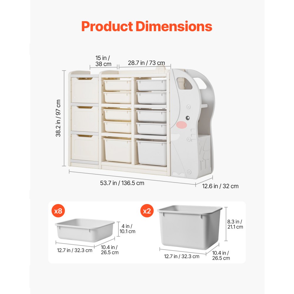 VEVOR Speelgoedopbergplank in de vorm van een olifant, multifunctionele opbergruimte met 4 niveaus en 10 flexibele plastic bakken, voor in de slaapkamer of klas (grijs + beige)