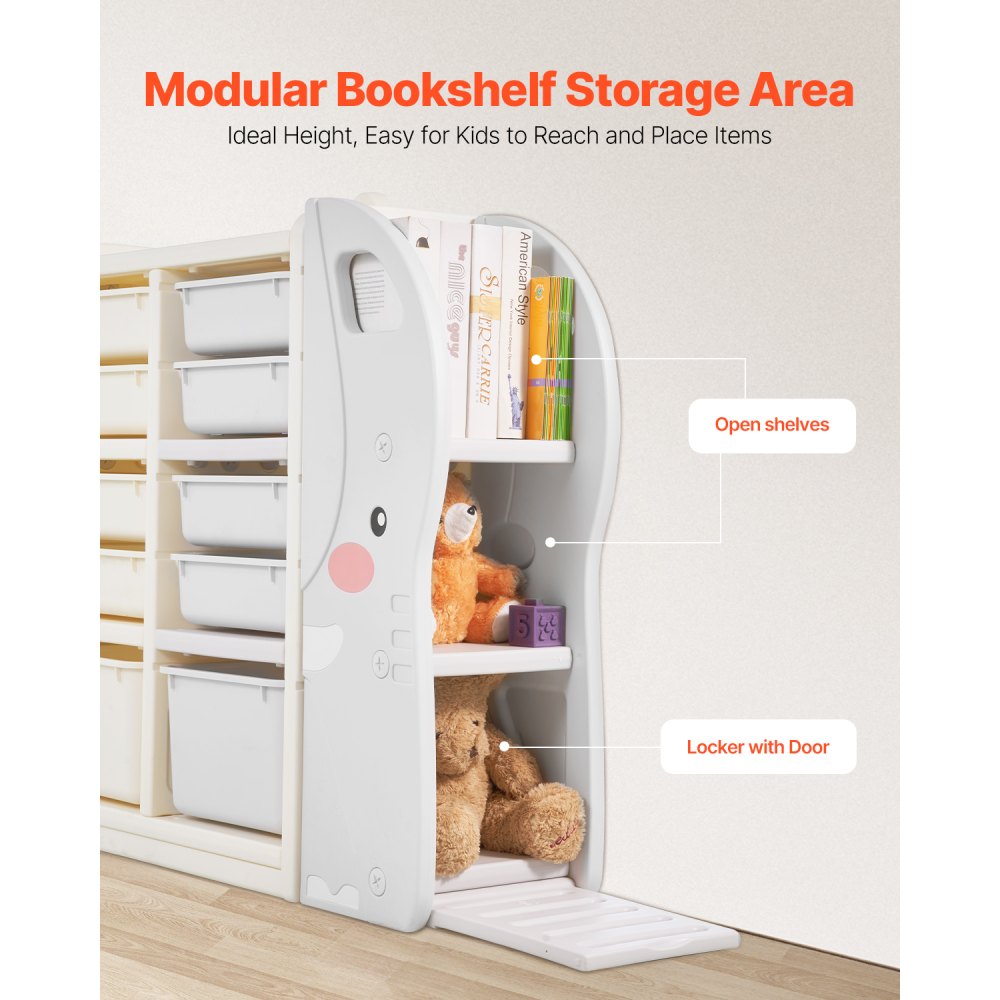 VEVOR Speelgoedopbergplank in de vorm van een olifant, multifunctionele opbergruimte met 4 niveaus en 10 flexibele plastic bakken, voor in de slaapkamer of klas (grijs + beige)