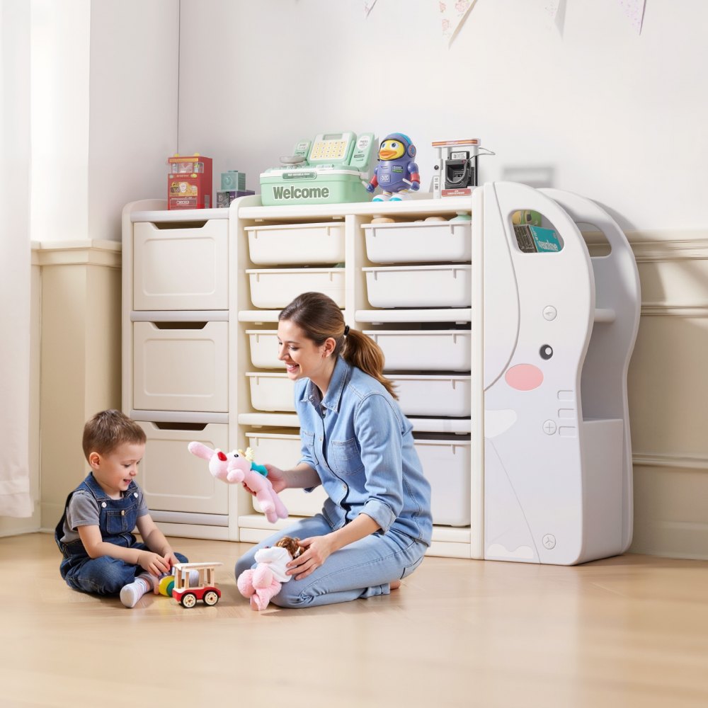 VEVOR Speelgoedopbergplank in de vorm van een olifant, multifunctionele opbergruimte met 4 niveaus en 10 flexibele plastic bakken, voor in de slaapkamer of klas (grijs + beige)