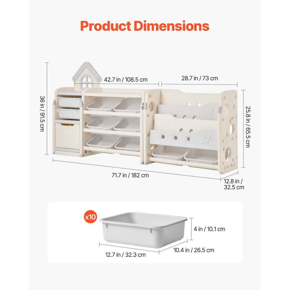 VEVOR Speelgoedopbergplank, HDPE-speelgoedplank, 4-laags multifunctionele opbergruimte met 10 flexibele kunststof bakken, voor slaapkamer, klaslokaal en kinderkamer (grijs + beige)