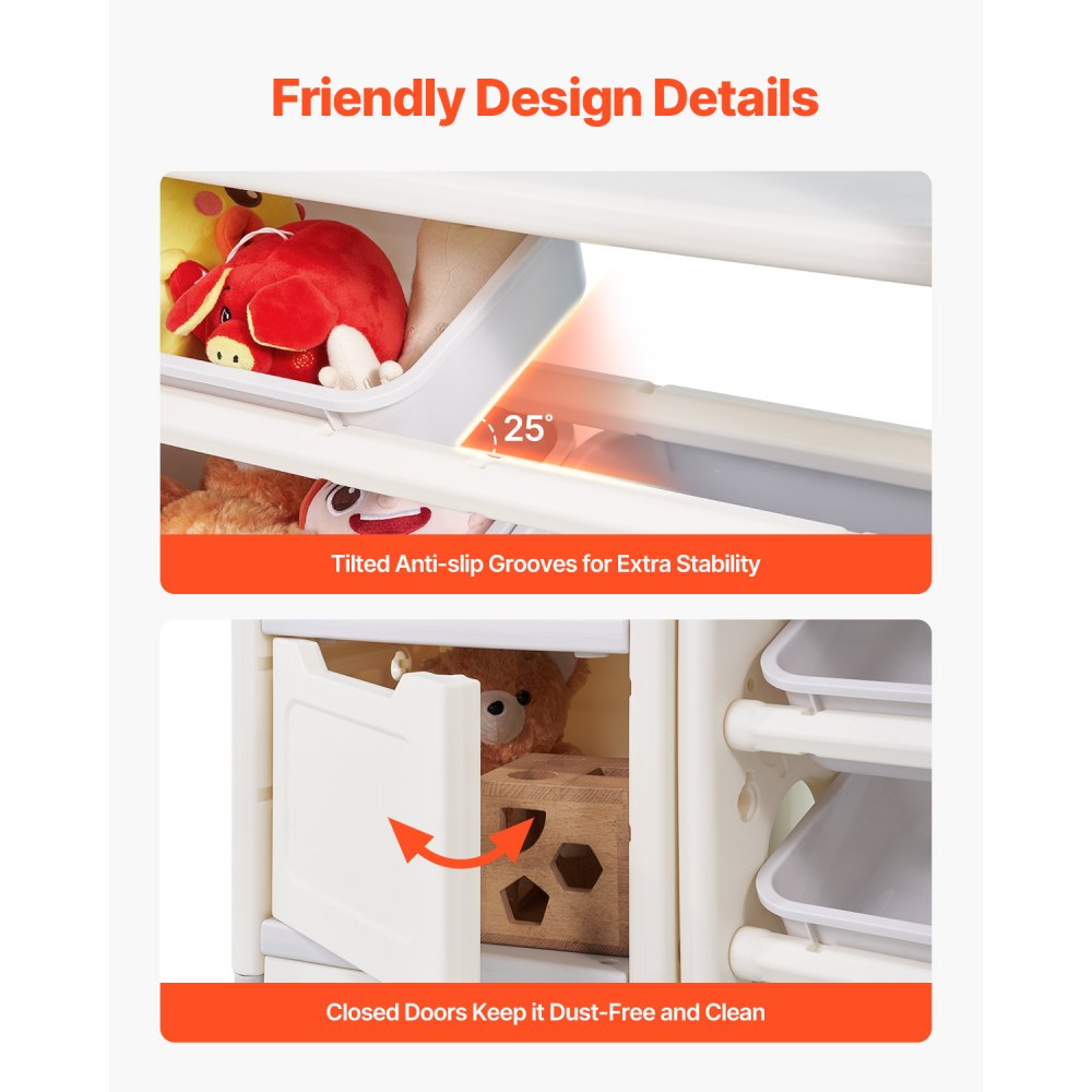 VEVOR Speelgoedopbergplank HDPE Speelgoedplank, 4-laags multifunctionele opbergruimte met 10 flexibele kunststof bakken en tekenbord, voor slaapkamerklaslokaal (grijs + beige)