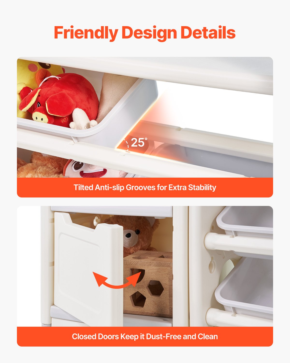 VEVOR Speelgoedopbergplank HDPE Speelgoedplank, 4-laags multifunctionele opbergruimte met 10 flexibele kunststof bakken en tekenbord, voor slaapkamerklaslokaal (grijs + beige)