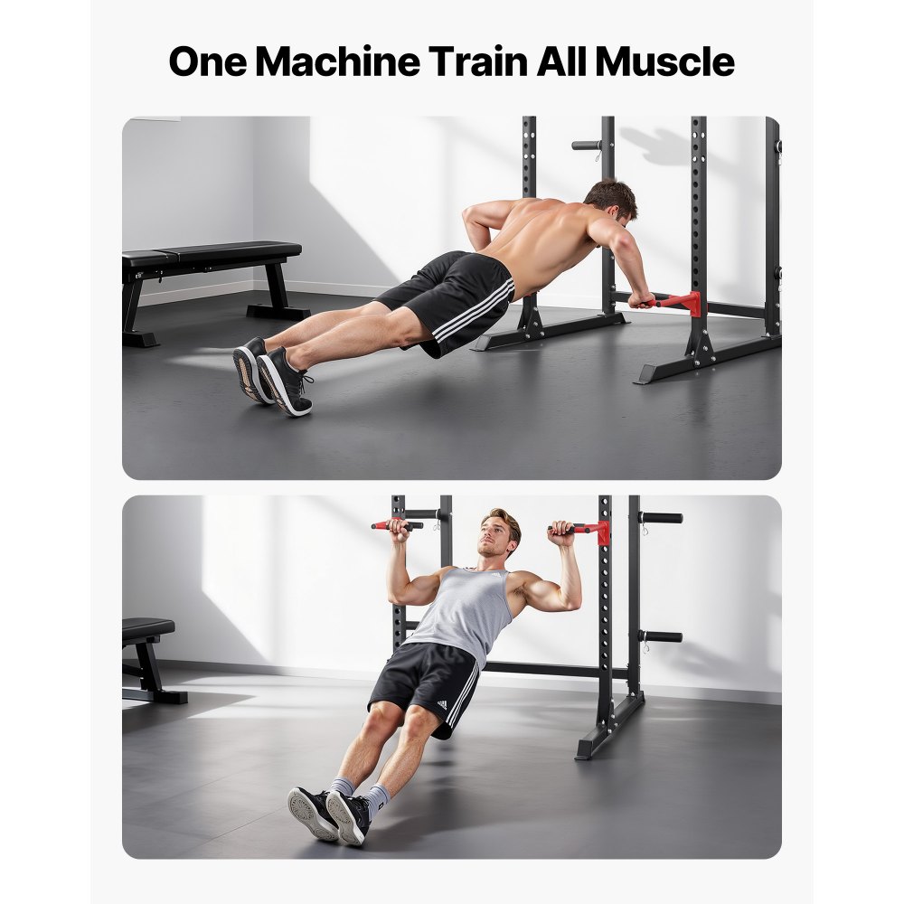 VEVOR Power Cage Power Rack, multifunctioneel squat rack met verstelbare hoogte, fitnessapparaat voor thuis voor krachttraining met J-haken en andere fitnessaccessoires voor bankdrukken, pull-ups en dips.