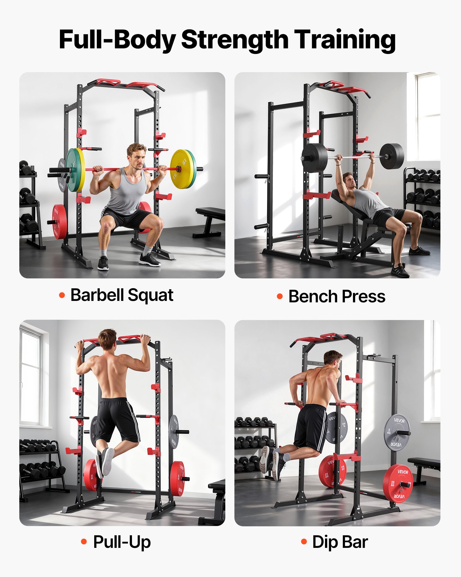 VEVOR Power Cage Power Rack, multifunctioneel squat rack met verstelbare hoogte, fitnessapparaat voor thuis voor krachttraining met J-haken en andere fitnessaccessoires voor bankdrukken, pull-ups en dips.