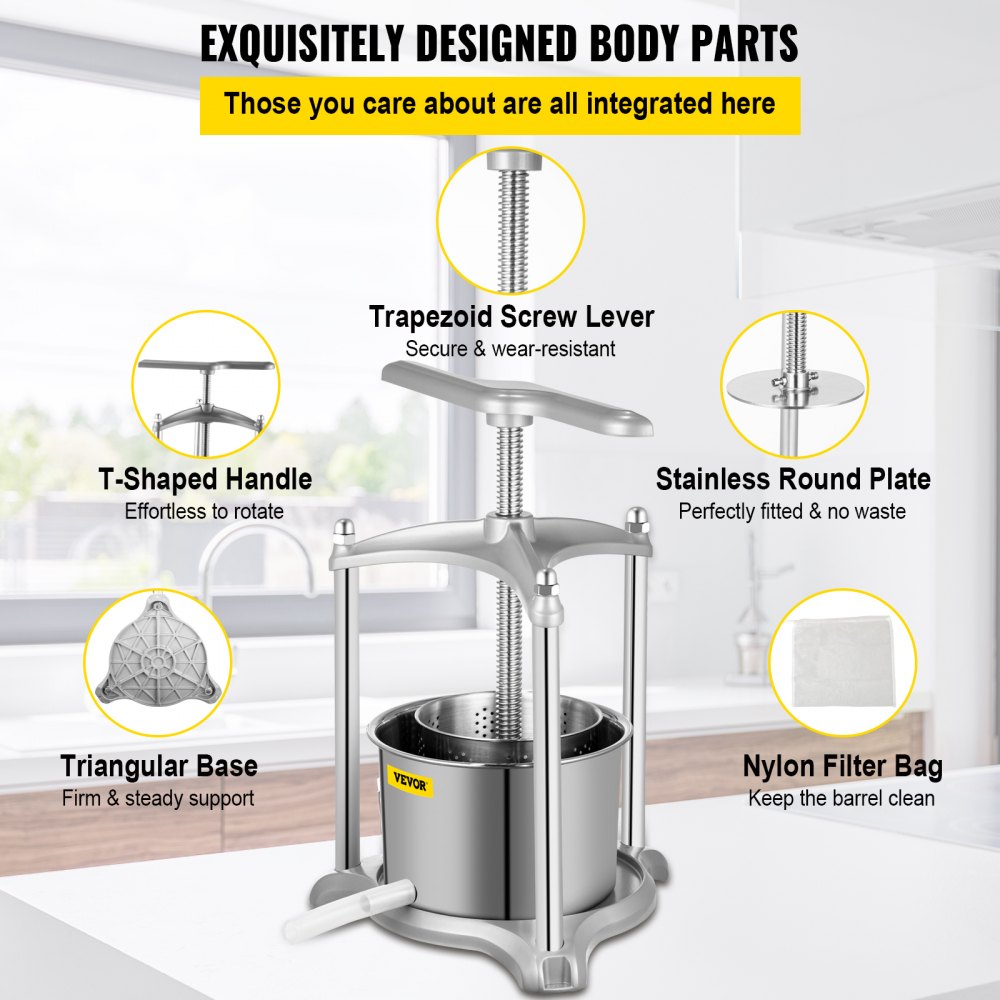 VEVOR Fruit Wine Press, 0.8Gal Wine Press, 3L Fruit Cider Grinder with Dual Stainless Steel Barrels, Manual Press Machine with Triangular Structure & T-Handle, for Cider Tincture Cheese Herb Vegetable
