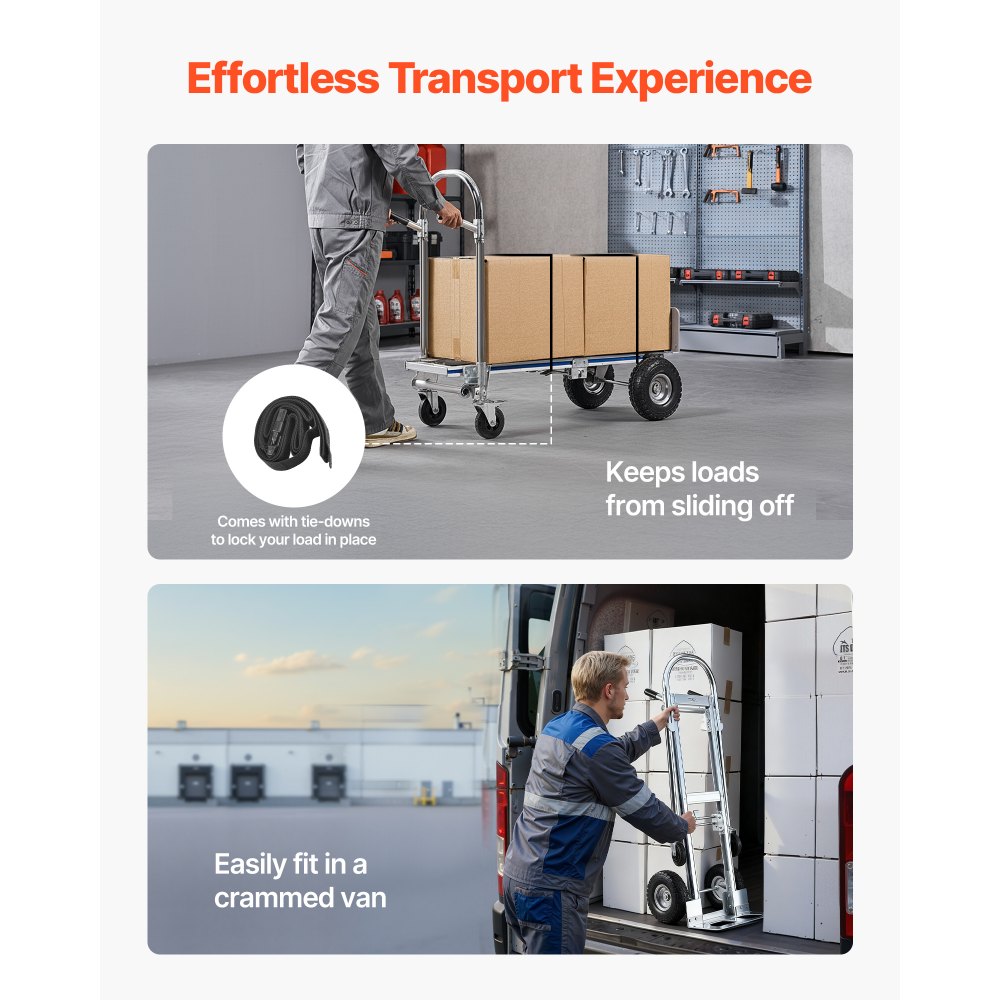 VEVOR 2-in-1 steekwagen 454 kg, transportkar met 4 wielen, ombouwbare platformwagen met antisliphandgreep, draagbare steekwagen, trolley voor verhuizingen, kantoor, magazijn, supermarkt