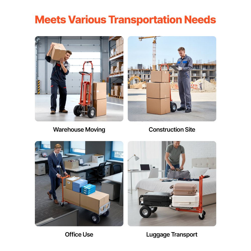 VEVOR 4-in-1 steekwagen, 453,6 kg laadvermogen in 4-wielmodus, omvormbare transporttrolley met antisliphandgreep en wielen, steekwagen van aluminiumlegering, transporttrolley voor verhuizingen, kantoren en magazijnen.