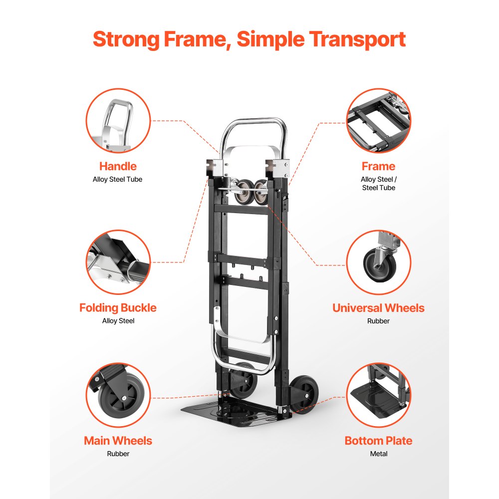 VEVOR 2-in-1 opvouwbare steekwagen, 227 kg laadvermogen in 4-wielmodus, omvormbare transportwagen met verstelbare handgreep, steekwagen, transportwagen voor verhuizingen, kantoor, magazijn