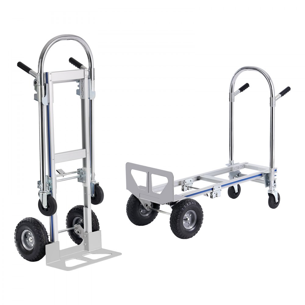 VEVOR aluminum hand truck in upright and flat positions with durable tires and ergonomic handles.