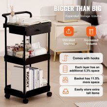 VEVOR 3-Tier Rolling Utility Cart with Drawer, Kitchen Cart with Lockable Wheels, Multifunctional Storage Trolley with Handle for Office, Living Room, Kitchen, Movable Storage Organizer Shelves, Black