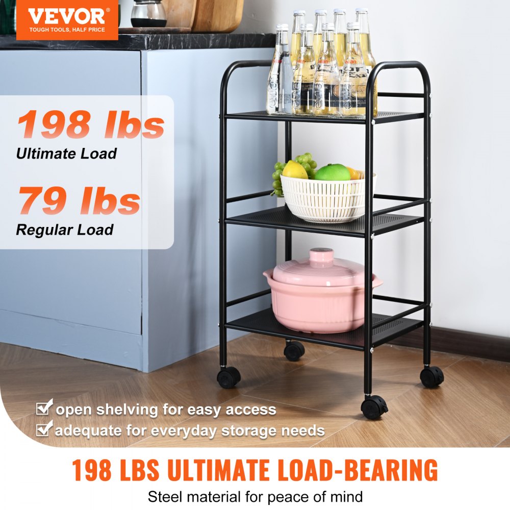 VEVOR 3-Tier Metal Rolling Cart, Heavy Duty Utility Cart with Lockable Wheels, Multi-Functional Storage Trolley with Handle for Office, Living Room, Kitchen, Movable Storage Organizer Shelves, Black