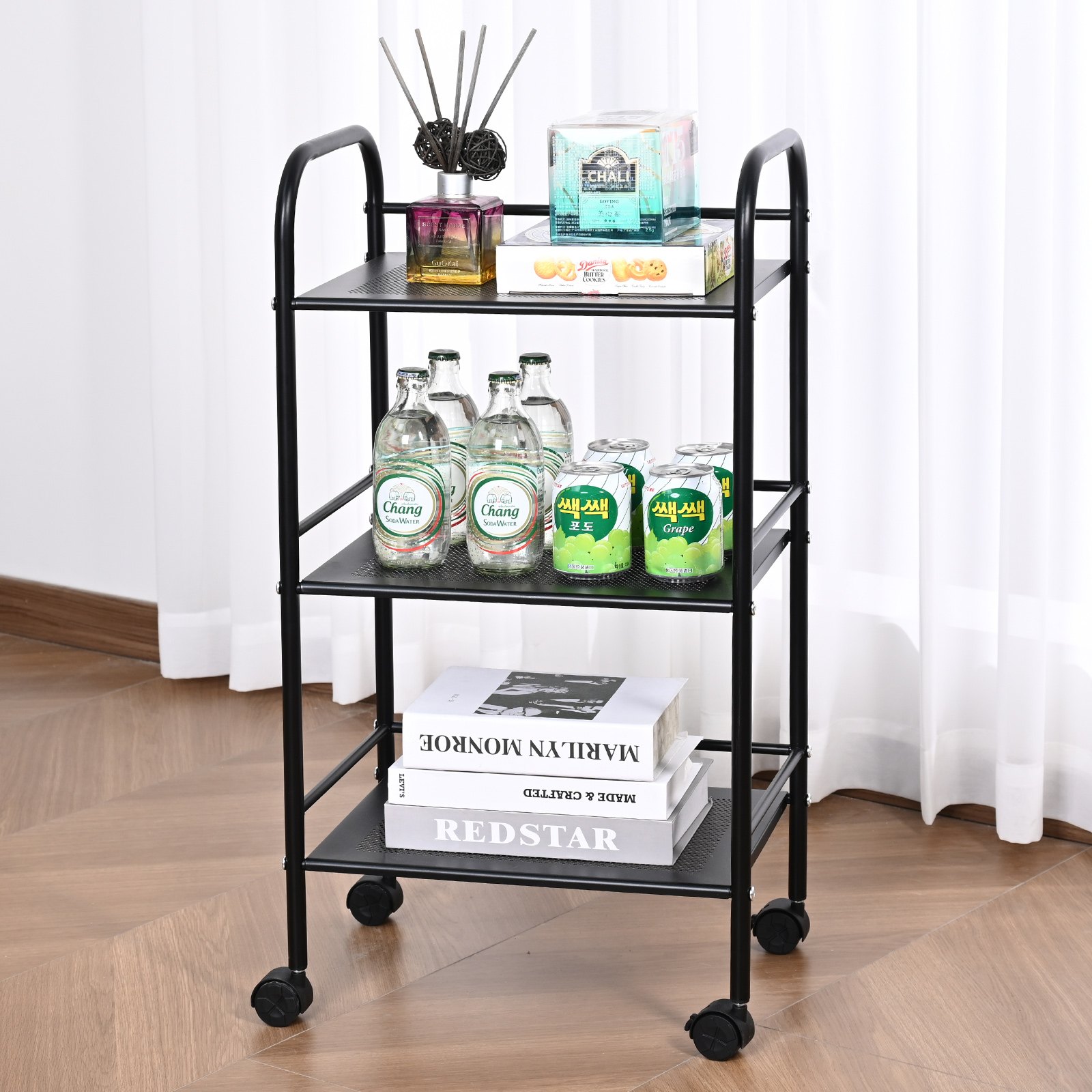 VEVOR 3-Tier Metal Rolling Cart, Heavy Duty Utility Cart with Lockable Wheels, Multi-Functional Storage Trolley with Handle for Office, Living Room, Kitchen, Movable Storage Organizer Shelves, Black