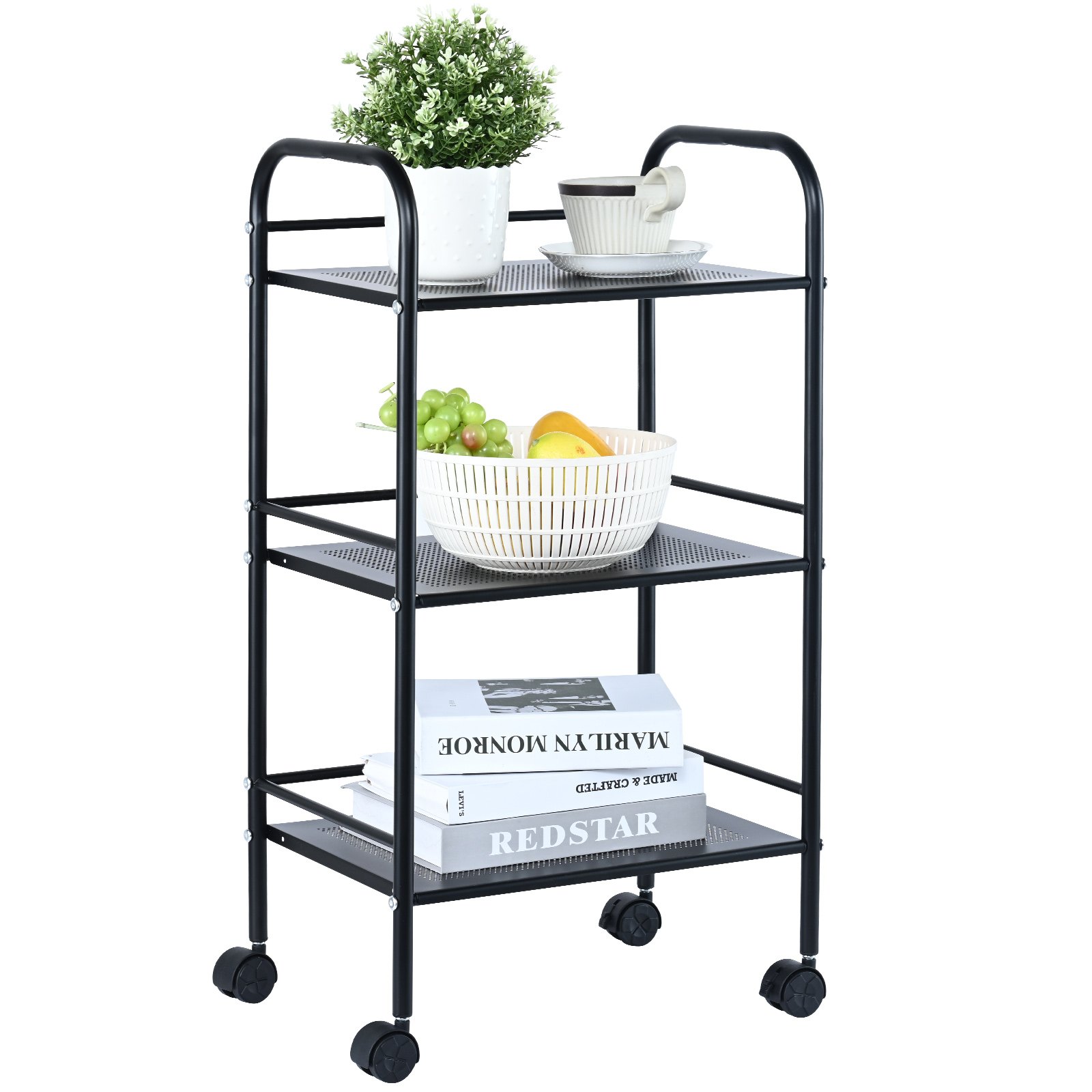 VEVOR 3-Tier Metal Rolling Cart, Heavy Duty Utility Cart with Lockable Wheels, Multi-Functional Storage Trolley with Handle for Office, Living Room, Kitchen, Movable Storage Organizer Shelves, Black