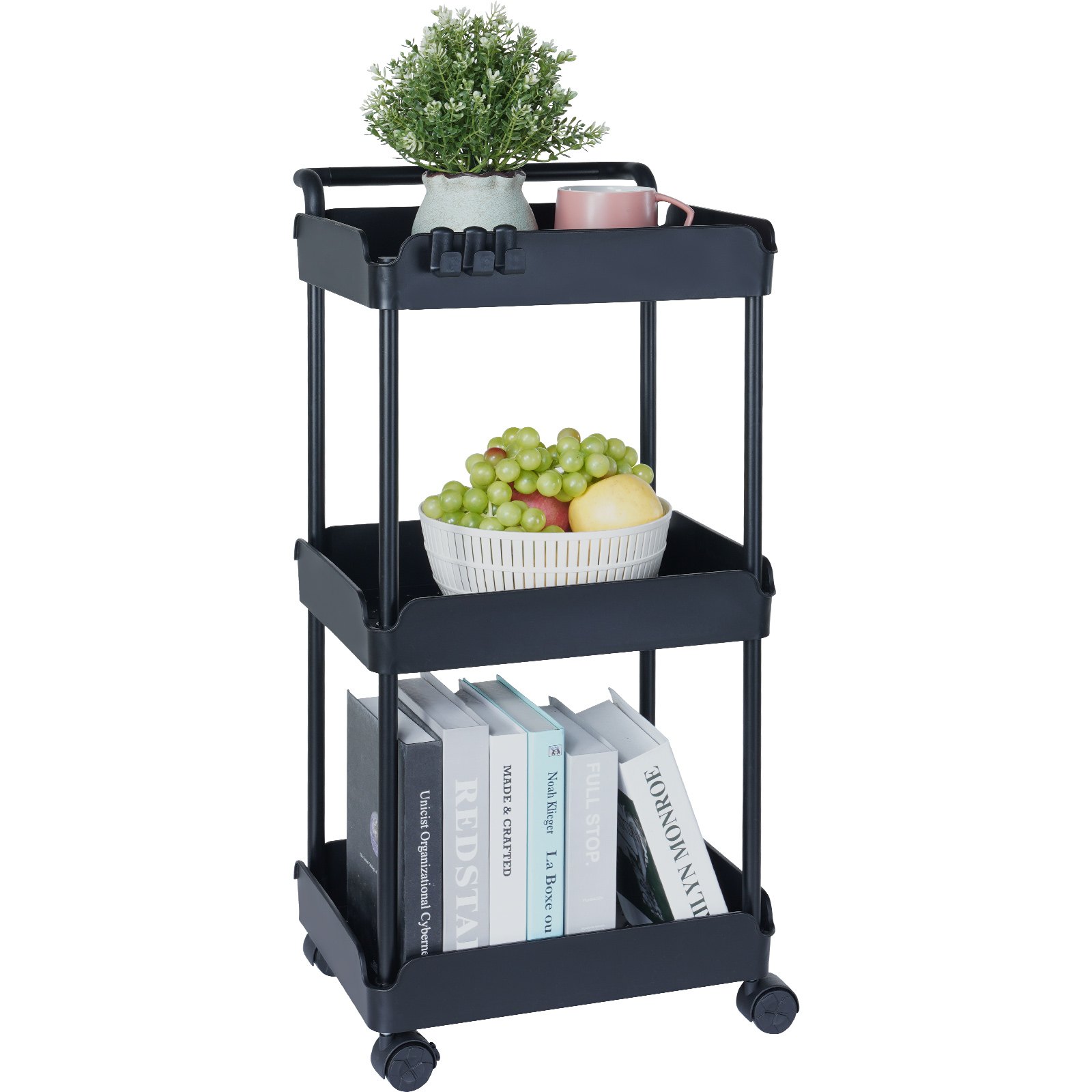 VEVOR 3-Tier Kitchen Rolling Cart Basket Utility Cart on Wheel with Handle Black