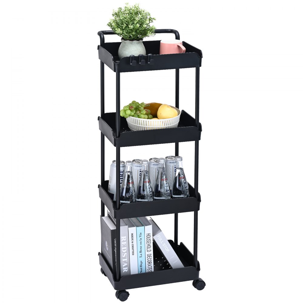 VEVOR 4-Tier Rolling Utility Cart, Kitchen Cart with Lockable Wheels, Multi-Functional Storage Trolley with Handle for Office, Living Room, Kitchen, Movable Storage Basket Organizer Shelves, Black