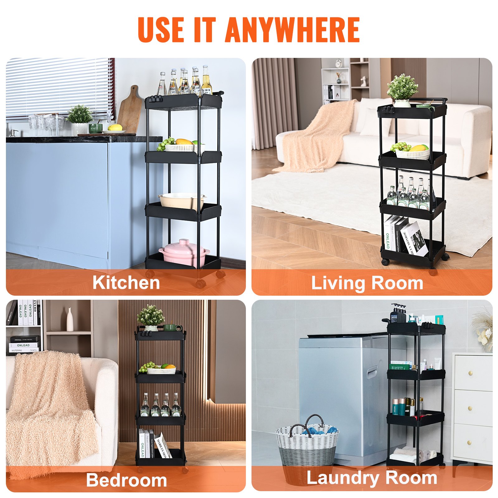 VEVOR 4-Tier Rolling Utility Cart, Kitchen Cart with Lockable Wheels, Multi-Functional Storage Trolley with Handle for Office, Living Room, Kitchen, Movable Storage Basket Organizer Shelves, Black