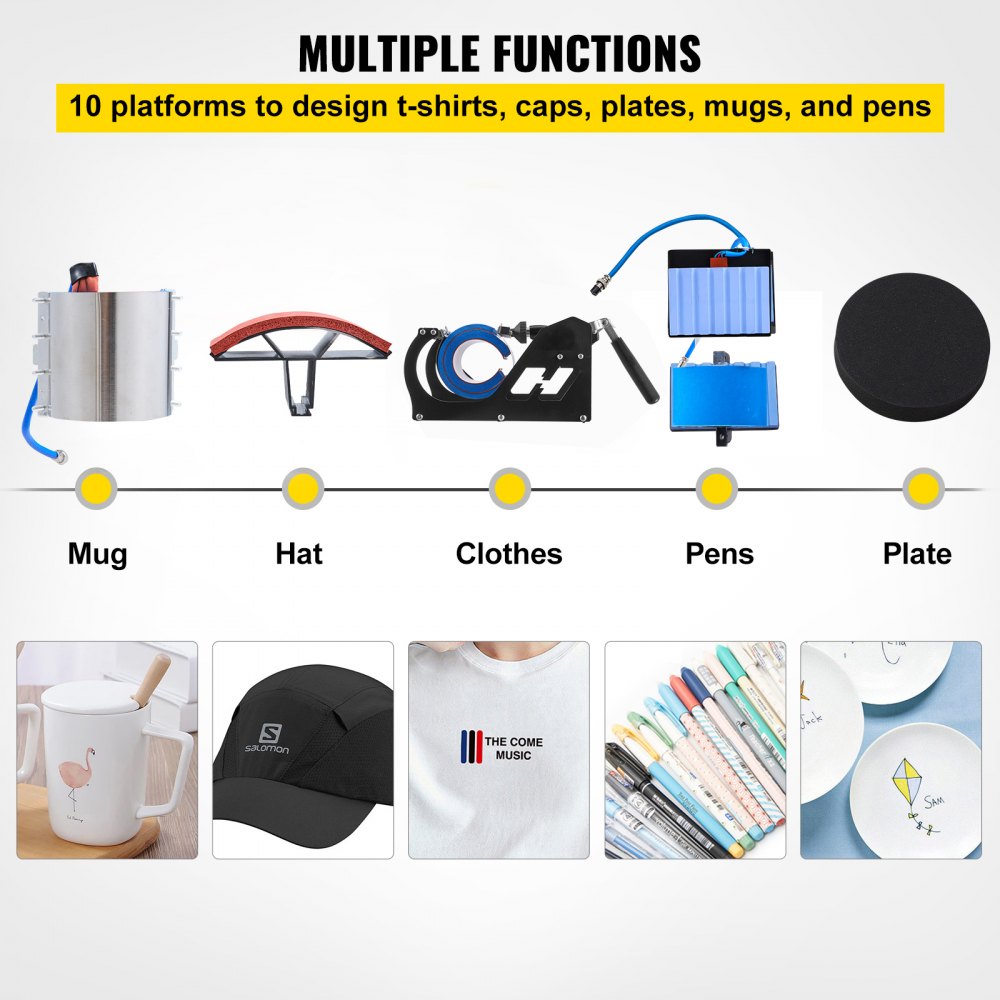 VEVOR Heat Press Machine 12x15 Sublimatie Printer Digitaal LED-Display Transferpers 10 in 1 Zwart Hittepers + Benodigde Accessoires voor Verstrekt Afbeeldingen op T-shirts/Hoeden/Borden/Bekers/Pennen
