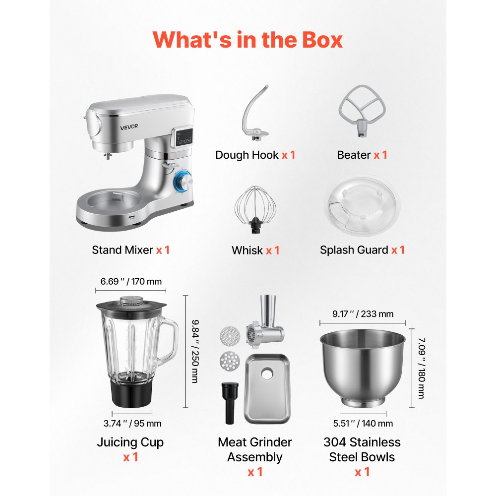 VEVOR Stand Mixer, 5.7 L Electric Kitchen Mixer, 1500W Dough-Mixer, 6+P Speeds Tilt-head Food-Mixer with 1.5 L Blender Cup, Stainless Steel Bowl, Dough Hook, Whisk, Beater, for Baking, Mixing, Silver