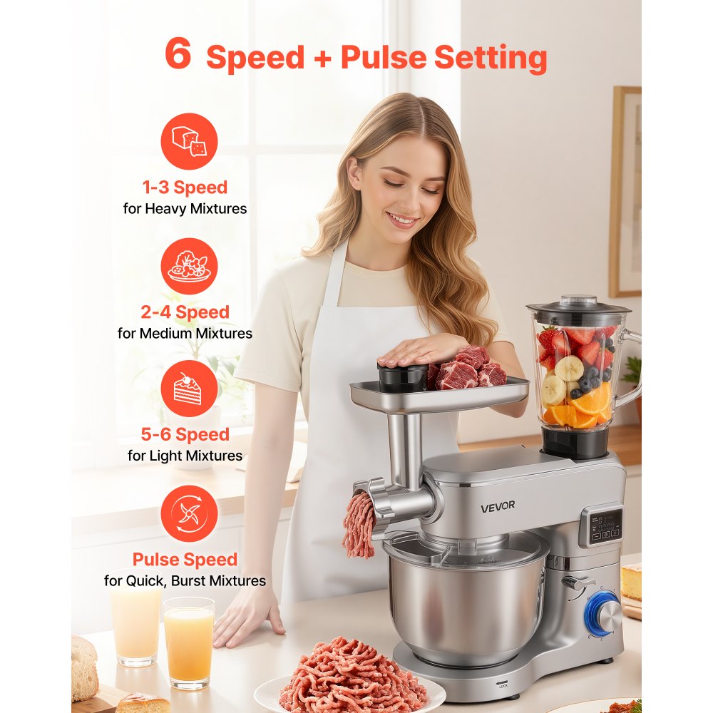 VEVOR Stand Mixer, 5.7 L Electric Kitchen Mixer, 1500W Dough-Mixer, 6+P Speeds Tilt-head Food-Mixer with 1.5 L Blender Cup, Stainless Steel Bowl, Dough Hook, Whisk, Beater, for Baking, Mixing, Silver