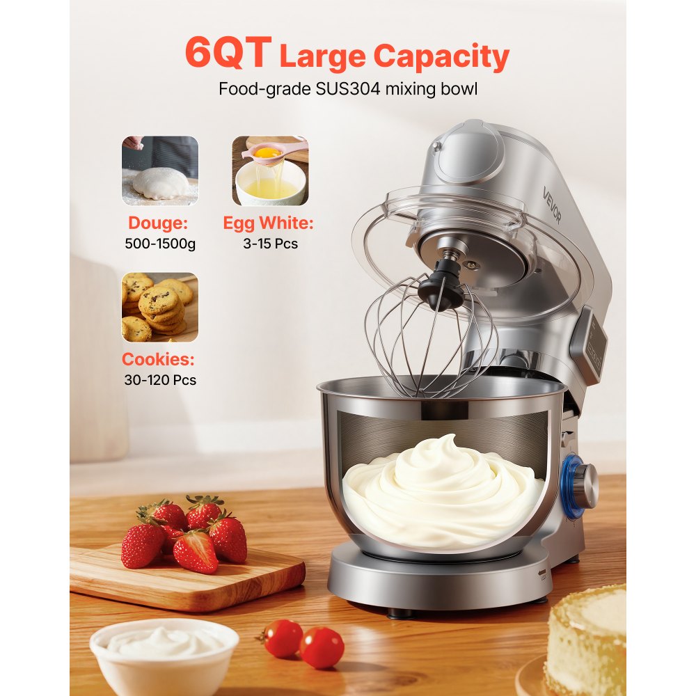 VEVOR Stand Mixer, 5.7 L Electric Kitchen Mixer, 1500W Dough-Mixer, 6+P Speeds Tilt-head Food-Mixer with 1.5 L Blender Cup, Stainless Steel Bowl, Dough Hook, Whisk, Beater, for Baking, Mixing, Silver