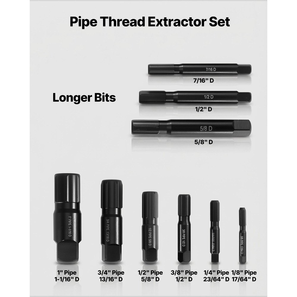 VEVOR Pijptrekkerset (9-delig) Pijptrekkers van chroom-molybdeenstaal, met opbergkoffer, voor het verwijderen van beschadigde schroefdraadbuizen en -fittingen van 3,2 tot 25,4 mm, voor loodgieters en monteurs.