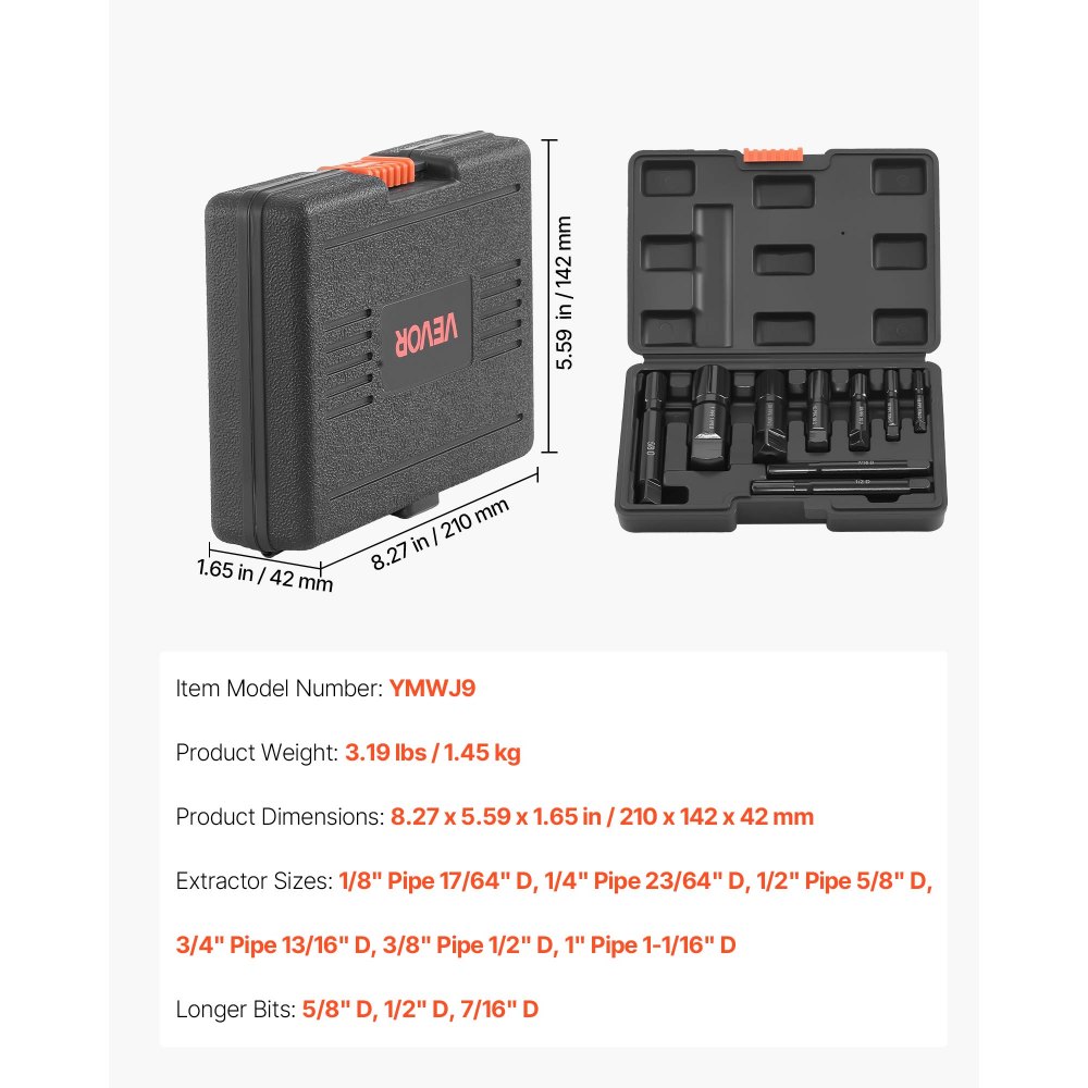 VEVOR Pijptrekkerset (9-delig) Pijptrekkers van chroom-molybdeenstaal, met opbergkoffer, voor het verwijderen van beschadigde schroefdraadbuizen en -fittingen van 3,2 tot 25,4 mm, voor loodgieters en monteurs.