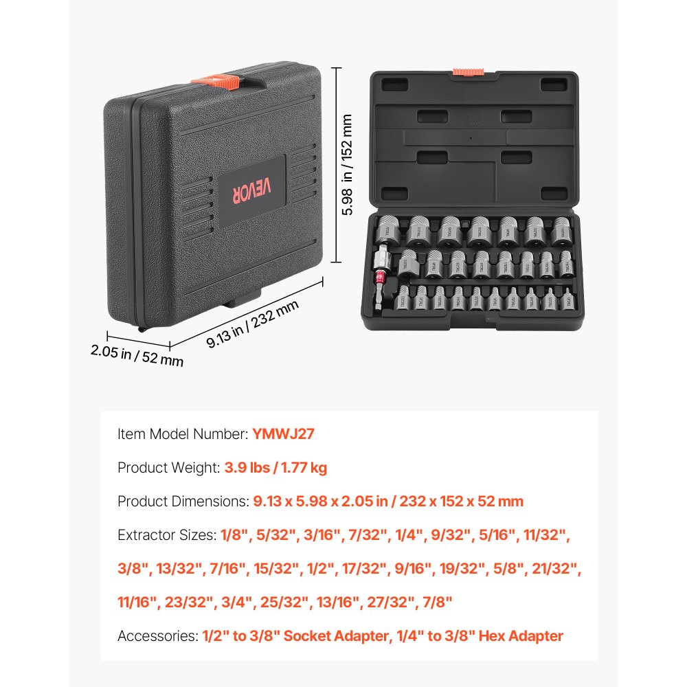 VEVOR 27-delige bout- en schroefverwijderset, zeskantige multi-tands schroefverwijderset met adapters en stevige opbergkoffer (zwart), schroefverwijderaar van chroom-molybdeenstaal voor het verwijderen van bouten en schroeven
