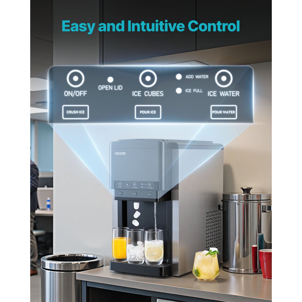 VEVOR waterdispenser met ijsmaker (16 kg/dag), 3-in-1 tafelmodel waterdispenser, 12 ijsblokjes/7 min. Snelle productie met opvangbak, bolvormig/gemalen ijs & koud water, voor feestjes in de keuken