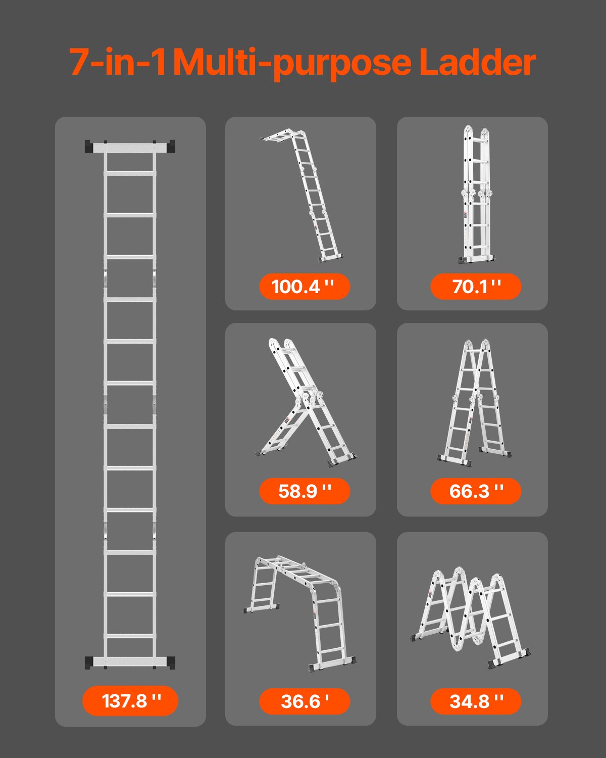 VEVOR Multifunctionele Ladder, 7-in-1 Multifunctionele Ladder, A-Frame, 3-traps Verstelbare Telescopische Ladder, 3,5m Hoge Uitschuifladder, Laddersteiger, Draagvermogen 150kg voor Thuis- en Buitenwerk