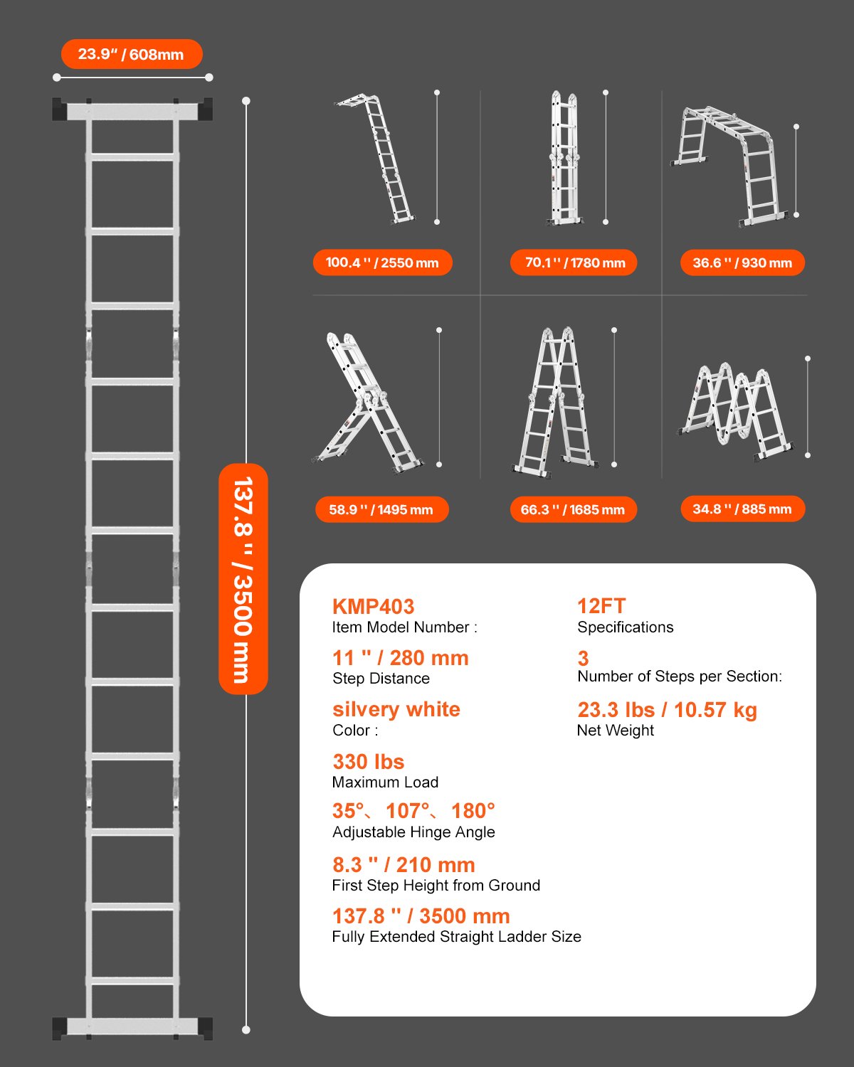 VEVOR Multifunctionele Ladder, 7-in-1 Multifunctionele Ladder, A-Frame, 3-traps Verstelbare Telescopische Ladder, 3,5m Hoge Uitschuifladder, Laddersteiger, Draagvermogen 150kg voor Thuis- en Buitenwerk